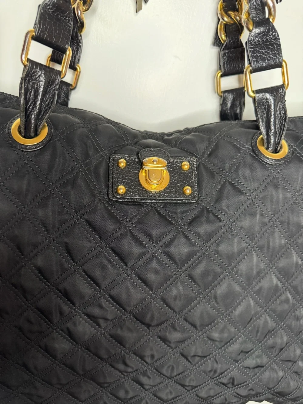 Marc Jacobs Black Quilted Nylon Tote Bag Leather Chain Strap Gold Hardware